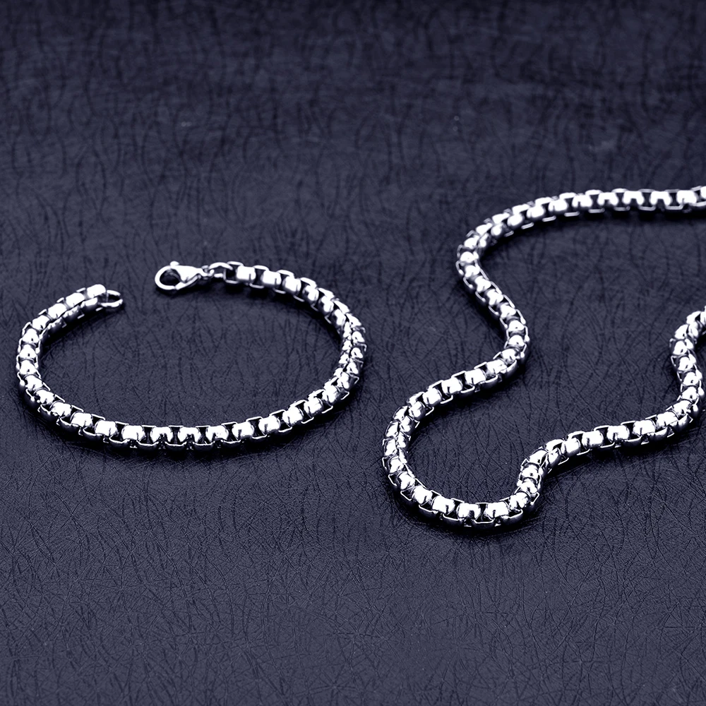 Fashion Hip Hop Rock Style Jewelry Set 6MM Stainless Steel Square Pearl Chain Necklace Bracelet For Men drop shipping