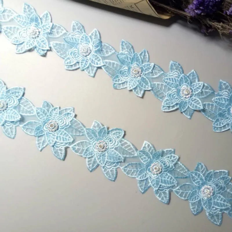 2 Yards Double Flower Blue Lace Trim Diamond Embroidered Applique Fabric Ribbon DIY Sewing Craft For Costume Hat Decoration New