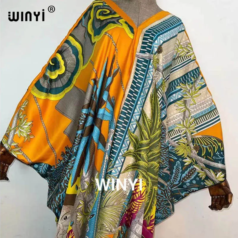 2021 Sunmer Middle East Fashion Print Twill WINYI Maxi Dress African Women Abaya Robe Long Dress Beach V-neck Bohemian Dress