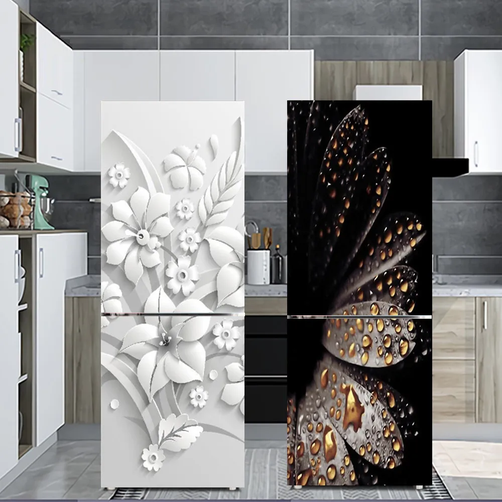 White Flower Refrigerator Decorative Sticker Self Adhesive Waterproof Kitchen Decoration Wallpaper Fridge Door Cover Mural Decal