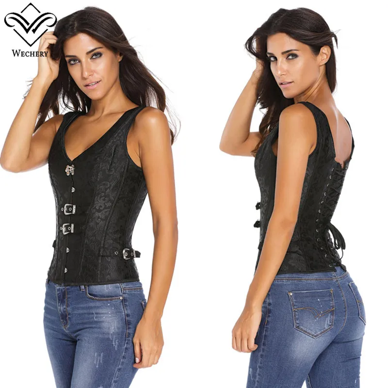 Wechery Corset Steampunk Gothic Corsets And Bustiers Modeladora Black Vest 12 Steel Boned Bustier Corselet  Modeling Strap