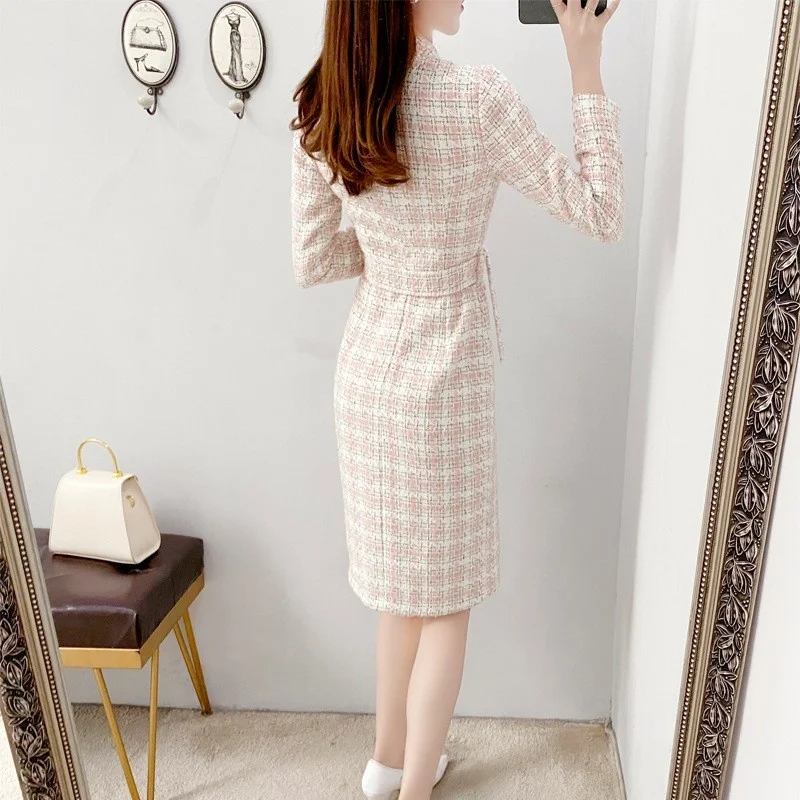 Bow Elegant Tweed Dress Women Stand Collar Slim Fit Plaid Dress New Autumn Long Sleeve Office Ladies Knee Length Split Dresses