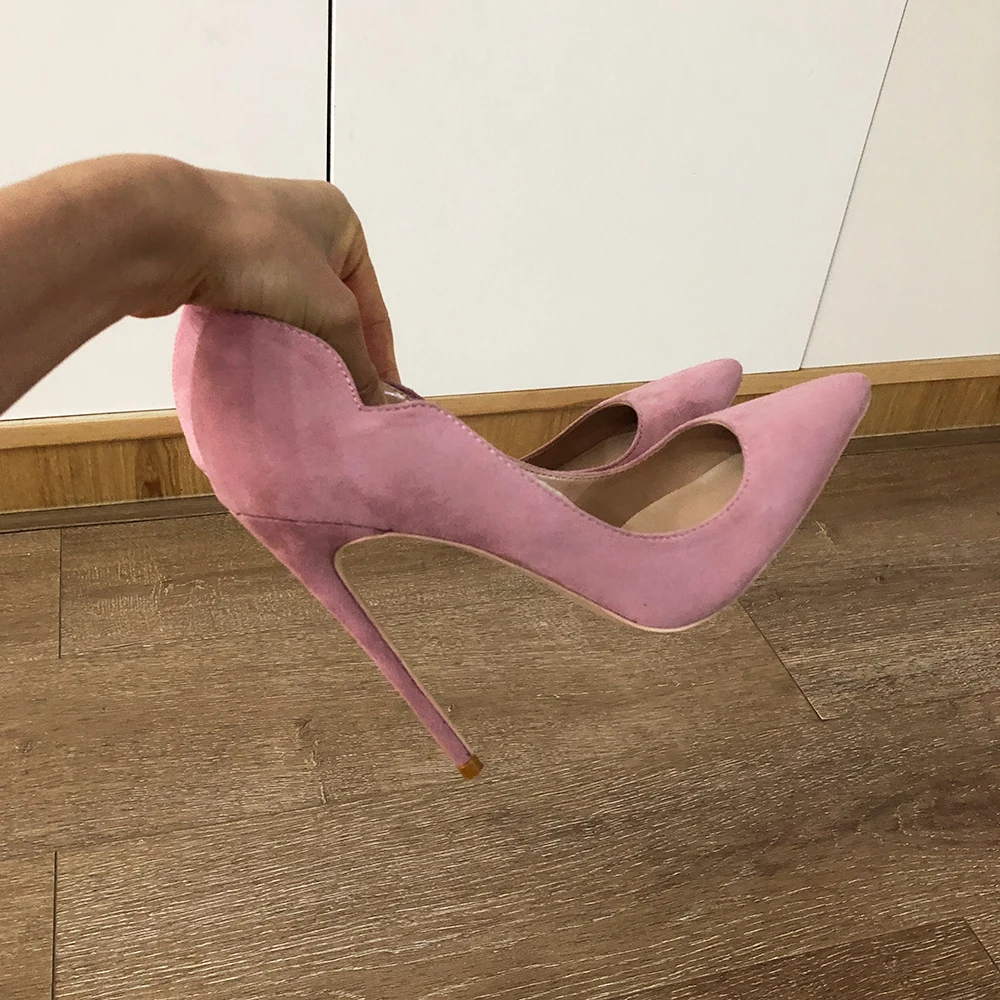 Veowalk Pink Flock Women Curl Cut Pointed Toe Stiletto Pumps Elegant Ladies Suede HIgh Heel Shoes for Party Office 8cm 10cm 12cm