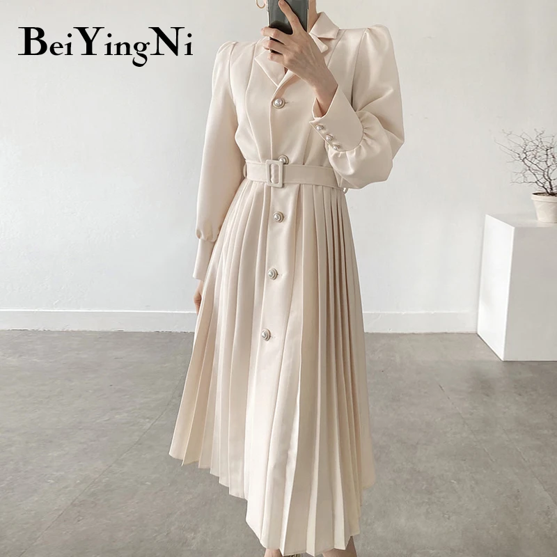 

Beiyingni Autumn Suit Dress Women Casual Buttons Belt Pleated Ladies Solid Full Regular Sleeve Female Dress CHIC Elegant Vestido