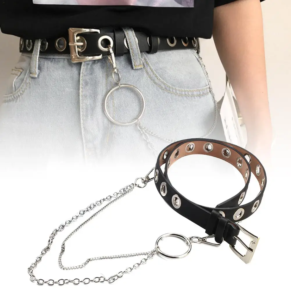 

Unisex Punk Chain Fashion Belt Adjustable Black Grommet Leather Buckle Belt With Eyelet Chain Decorative Belts 100CM 2021 New