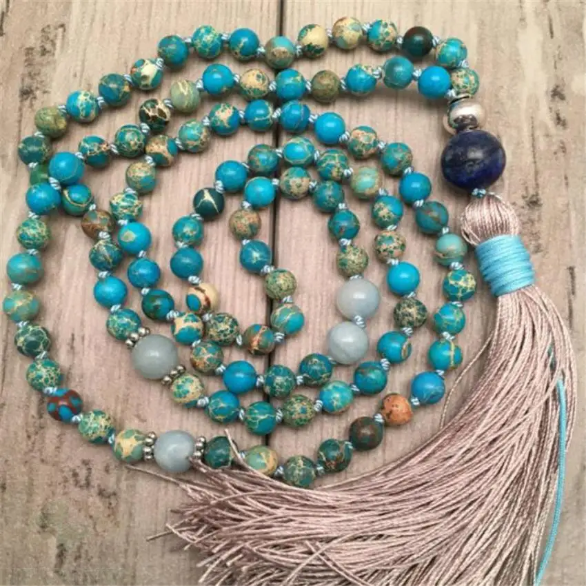 

6mm blue Imperial jasper Mala Necklace 108 Bead Gemstone Wrist Stress Buddhist Bless spirituality men Gemstone Chakas Sutra Yoga