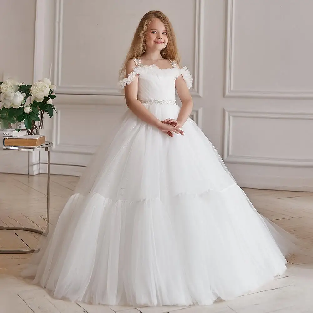 

Classic Flower Girls Dresses For Wedding Fashion Ruffles Beaded Crystal Sash Pageant Gowns Floor Length Kids Princess Birthday