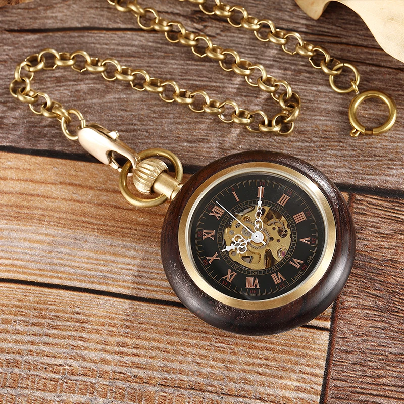 Wooden Mechanical Pocket Watch for Men Roman Numerals Black Sandalwood Wood Case Gold Back Engraved Fob Chain Clock Dropshipping