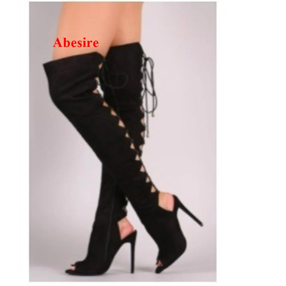 Peep Toe Over The Knee Boots Thin Heel Cross Tied Boots Fall and Winter New Arrival 2021 Shoes Zipper Fashion Women Shoes Sexy