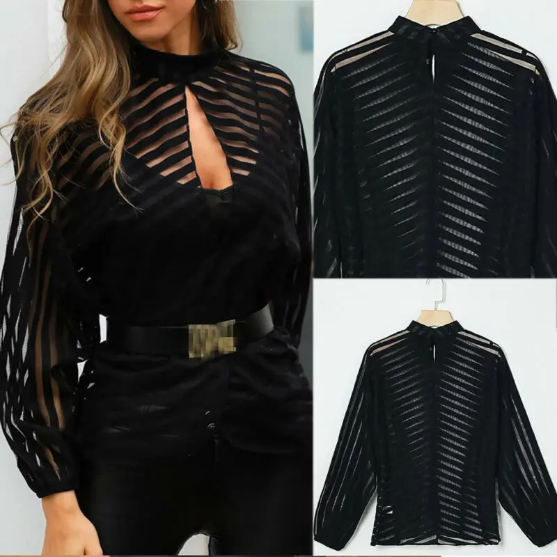 Women Mesh Net Blouse Sheer Long Sleeve Ladies Shirt Black Front Hollow Sexy Tops Womens Clothing Summer Female Blouses hot