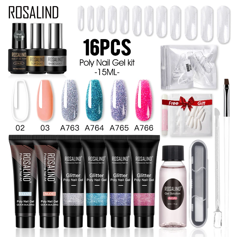 

ROSALIND Poly Nail Gel Kit Varnishes Hybrid Polish For Manicure Soak Off Gel with Tools Set 15ML Extension Nail Gel Need uv Lamp