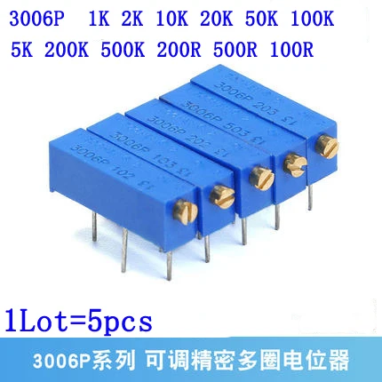 5PCS 3006P Precyzyjny wieloobrotowy regulowany potencjometr 1K 2K 5K 10K 20K 50K 100K 200K 500K 100R 200R 500R 100 200 500 ohm