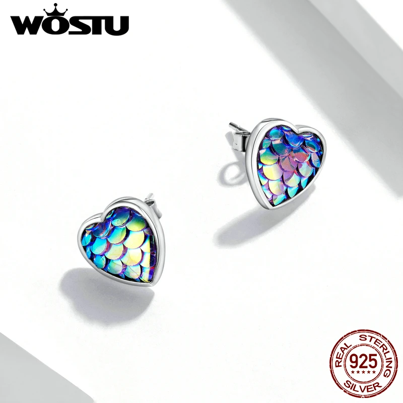 WOSTU 925 Sterling Silver Fish Scale Heart & Cat Earrings Christmas Apple Stud Earrings Silver Women Drop Earings Fine Jewelry