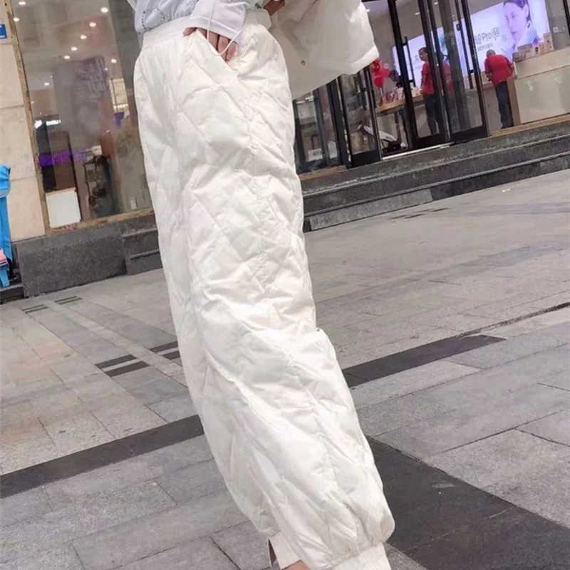 

Down Thin Cotton Pants Women Winter Elastic Waist Casual Pencil Straight Pants High Street White Trousers Sweatpants Female