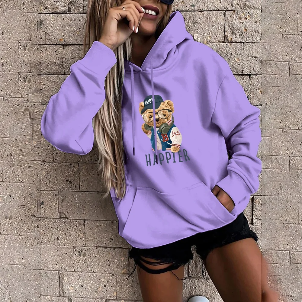 Hoodie Ladies Sweatshirt Casual Sports Hoodie with Glasses Cute Bear Print Harajuku Loose Long Sleeve Big Pocket Sports Pullover