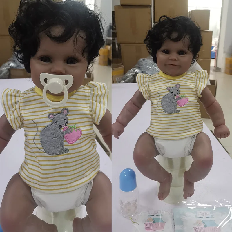 

50CM Black Skin Bebe Doll Reborn Babies Girl Maddie African American Baby Hand Rooted Hair with Bottle and Pacifier