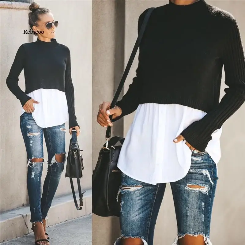 Autumn Winter Black Knitted Women Turtleneck Sweater Patchwork Long Sleeve Button Pullover Women Jumper