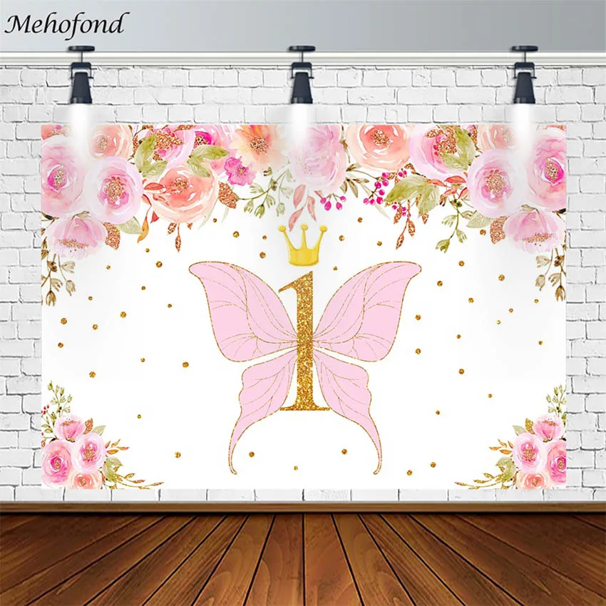 

Mehofond 1st Happy Birthday Party Backdrops Pink Butterfly Princess Crown Flowers Photography Backgrounds Photocall Decor props