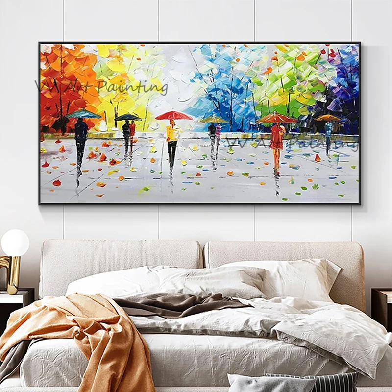 

New Design City View Abstract Oil Painting Handmade Canvas Streeet Color Canvas Pictures Rainy Painting Vertical Painting Graph