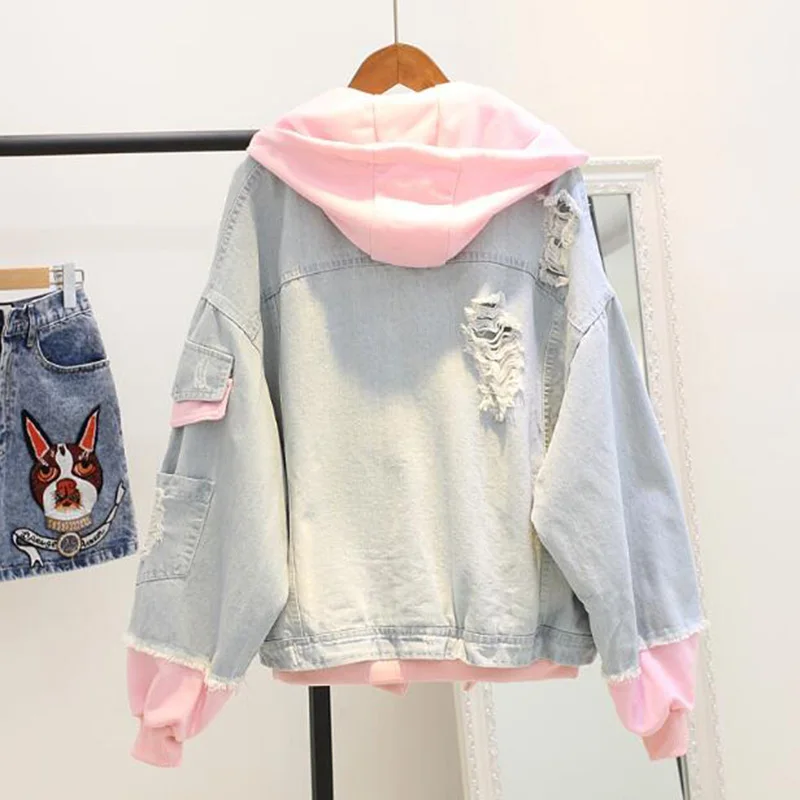 2023 Autumn Hooded Denim Jacket For Women Casual BF Jeans Jacket Holes Vintage Harajuku Coat Female Loose Streetwear Basic Coats