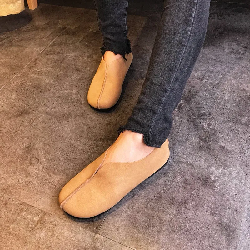 Women shoes genuine leather loafers retro style non-slip solid color casual ladies flats shoe female light driving loafers shoes