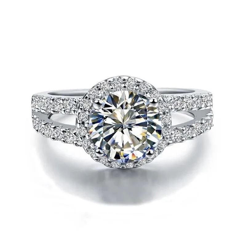 Met Geloofsbrieven 100% Echte Tibetaanse Zilveren Ringen Bruiloft Sieraden Voor Vrouwen Ronde Briljant Geslepen 2 Carat Cz Zirkoon Ring Accessoires