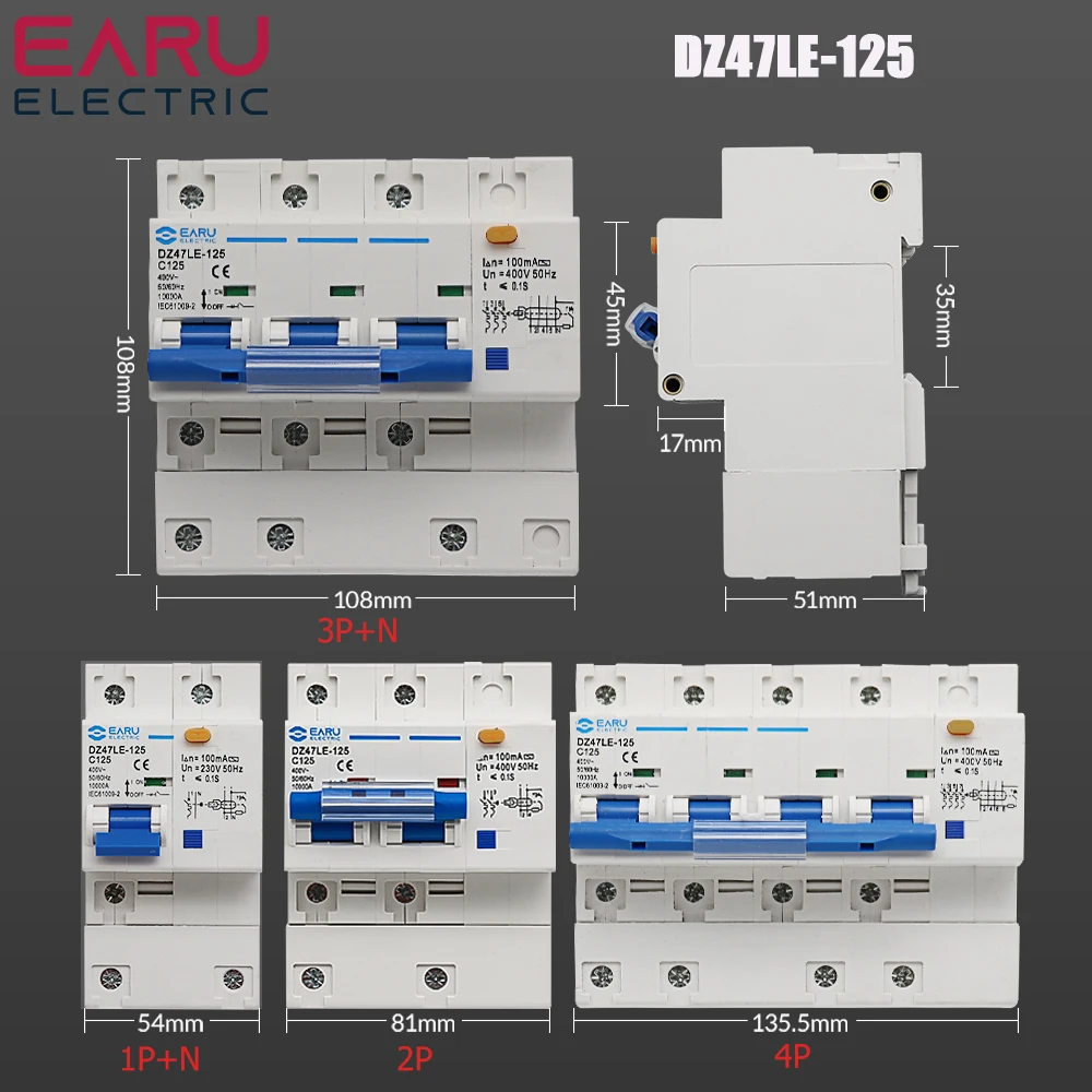 DZ47LE-63/125 Husehold Air Switch RCBO Leakage Protector 1P+N 2P 3P+N 4P AC400V Three-Phase Overload Protection Circuit Breaker