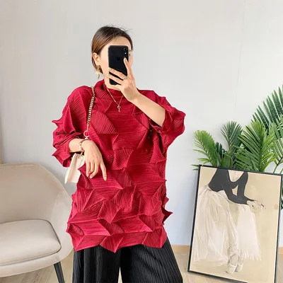 

HOT SELLING Miyake Fashion style T-shirts three quarter solid fold petal sleeve loose long T-shirts IN STOCK