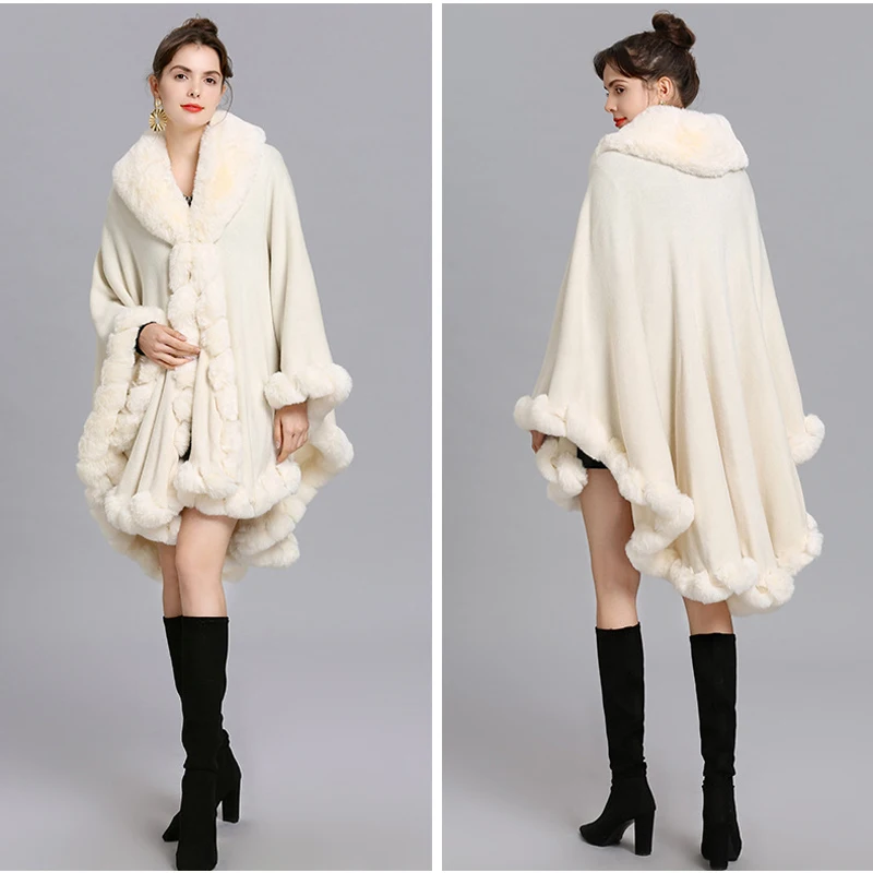 Elegancki płaszcz z futra królika V Lapel Faux Rex Cape Winter Women Big Long Shawl Full Trim Fur Knit Cloak Overcoat Parka 2023 New