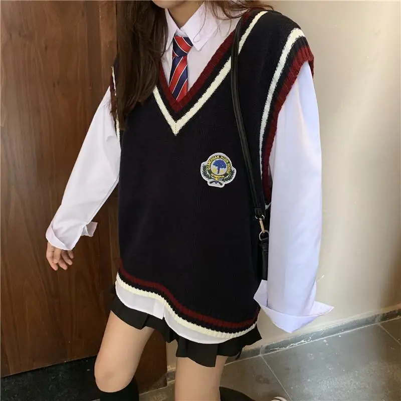 2021 Japanese-style Pullover Spring And Autumn JK College Style Loose Sleeveless Sweater Knitted Vest V-neck School Girl Uniform