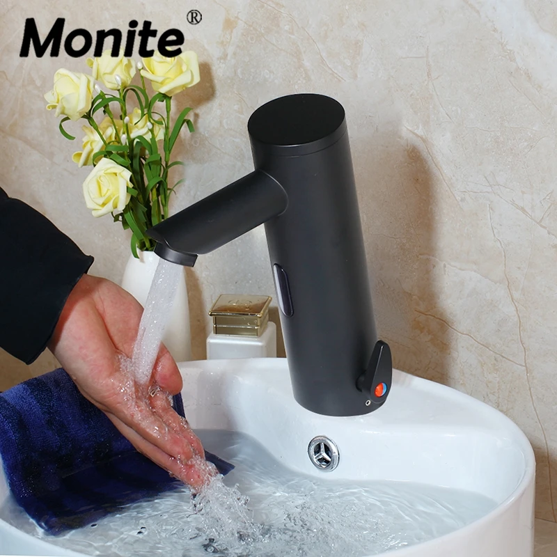 

Monite Black Painting Bathroom Sense Faucet Tap Automatic Sensor Faucets Inductive Basin Sink Water Tap Mixer Tap Faucet