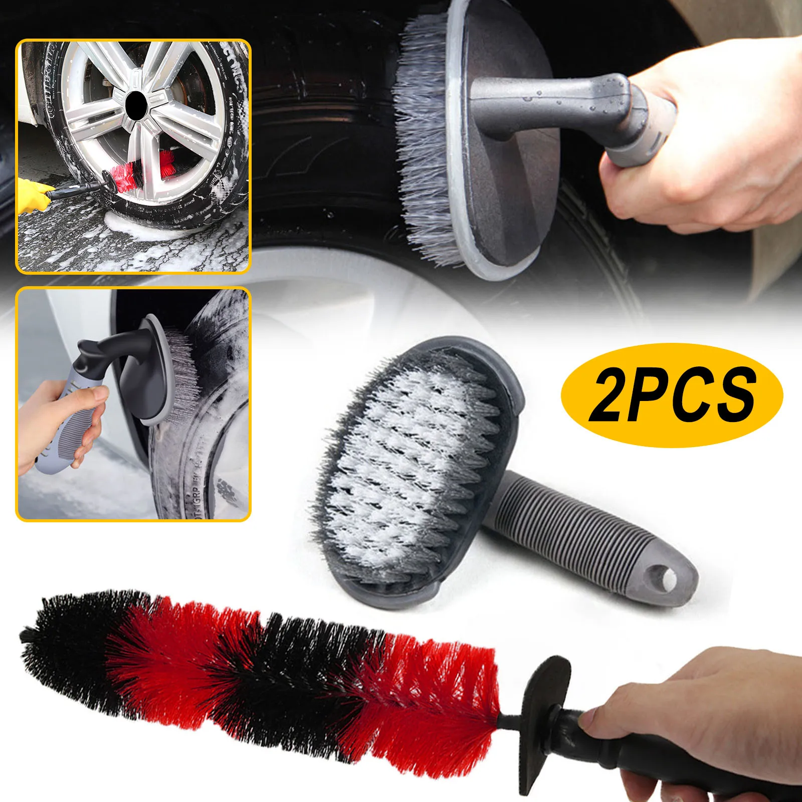 2PCS Car Wheel Cleaning Brush Soft Bristle Easy Reach Tire Rim Detail Brush Multipurpose For Engine Exhaust Tip Grill