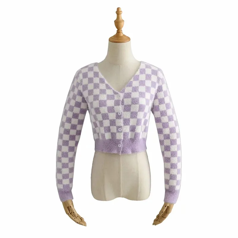 Women V-Neck Autumn Sweet Kawaii Cute Vintage Checkerboard Plaid Pink Purple Blue Single Breasted Button Up Cardigan Sweater