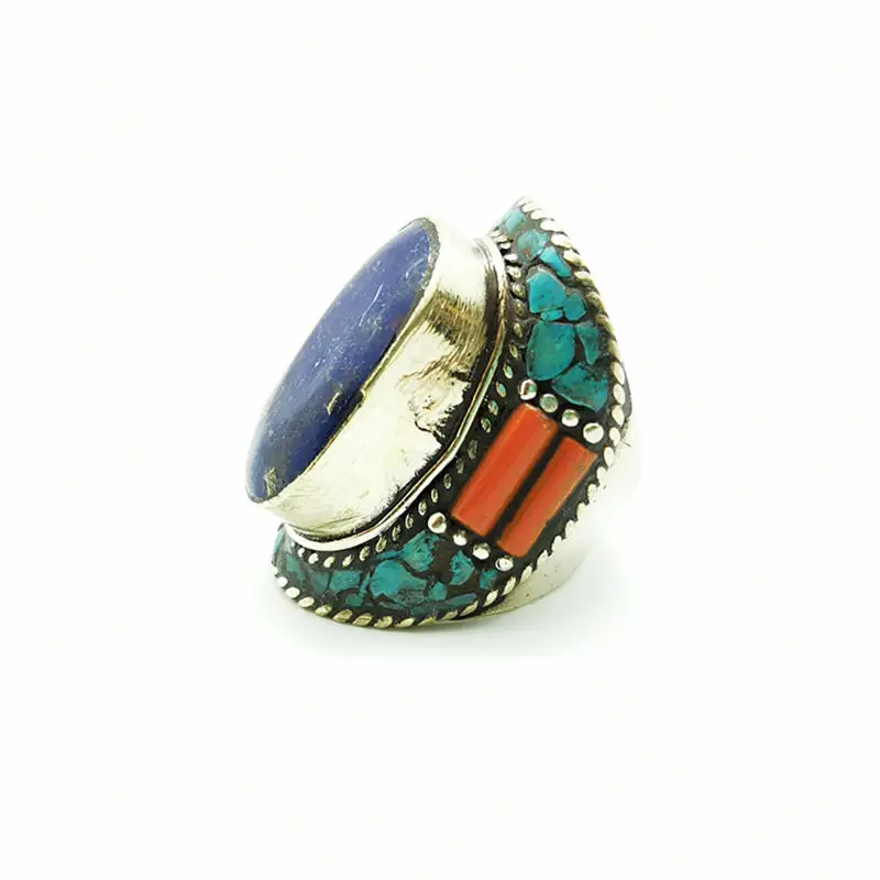 Tibetan Big Rings for Man White Metal Copper Inlaid Colorful Stone Ring R061