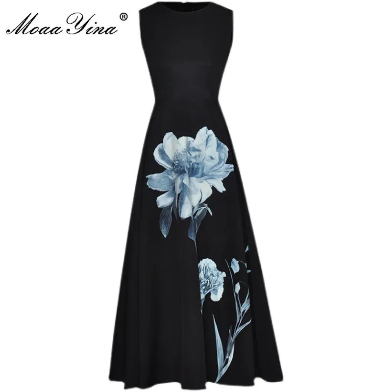 

MoaaYina 2021 Designer Runway Summer Dress Women O-neck Fashion Sleeveless High waist Floral print Black Elegant Midi Dress