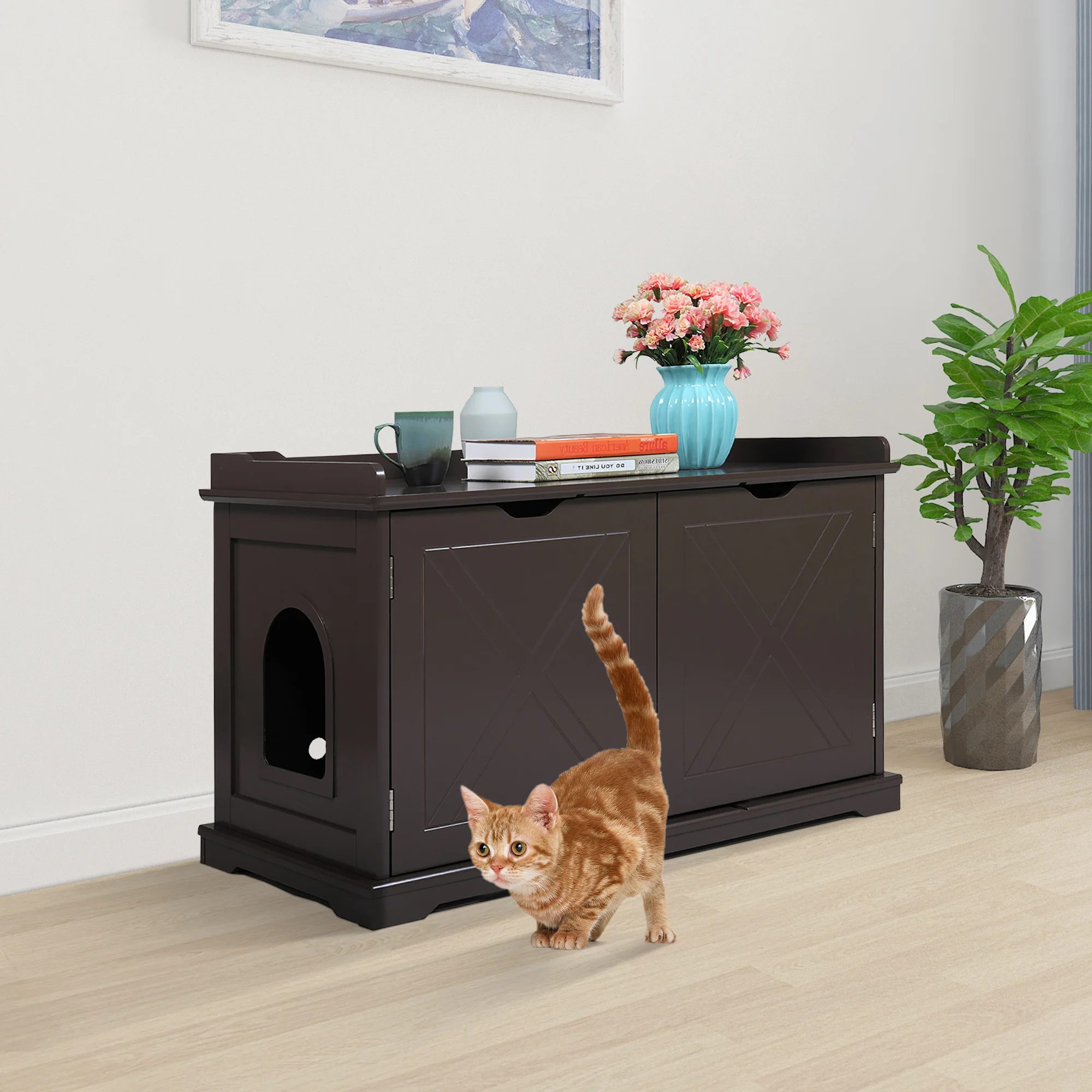 Two Colors Pet House Cat Washroom Storage Bench Cat Litter Box Enclosure Cabinet  for Living Room Bedroom  Bathroom  Side Table