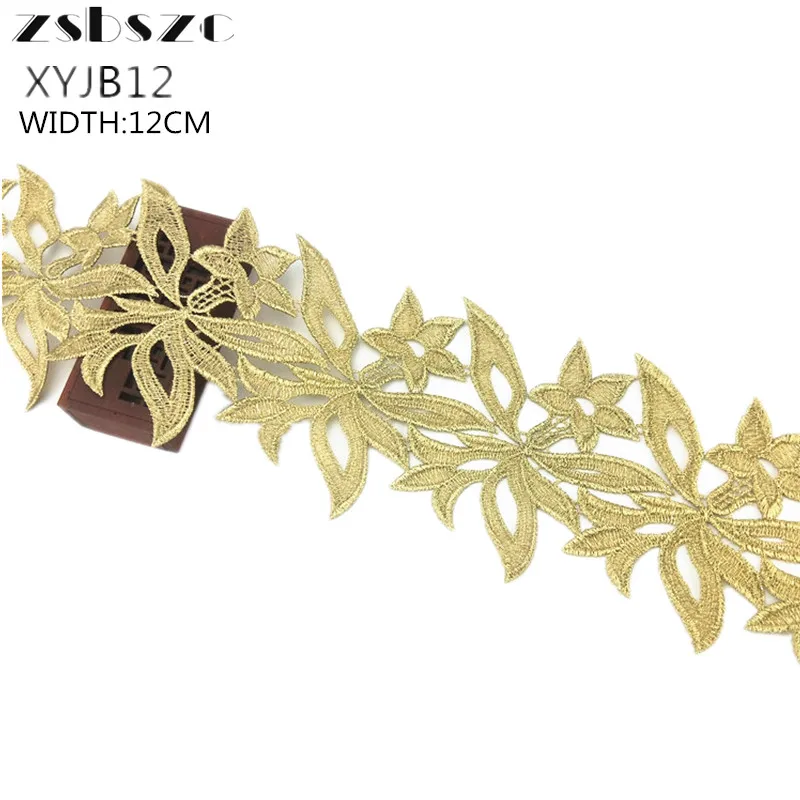 12CM Width 5Yards Gold Flower and Leaf Lace  Trim Glitter Crocheted Embroidery Decoration Lace Sewing Craft