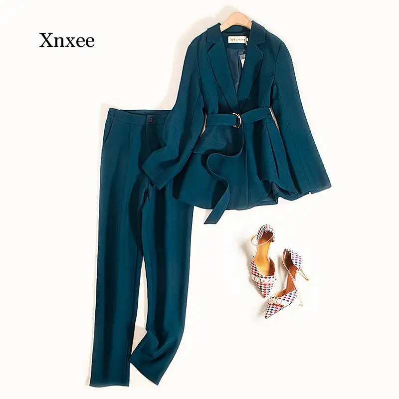 Srping Long Sleeve Solid Suit Outfits Belt Women Elegant Fall Sexy Office Lady Casual Slim Top Straight Trousers Two-Piece Set