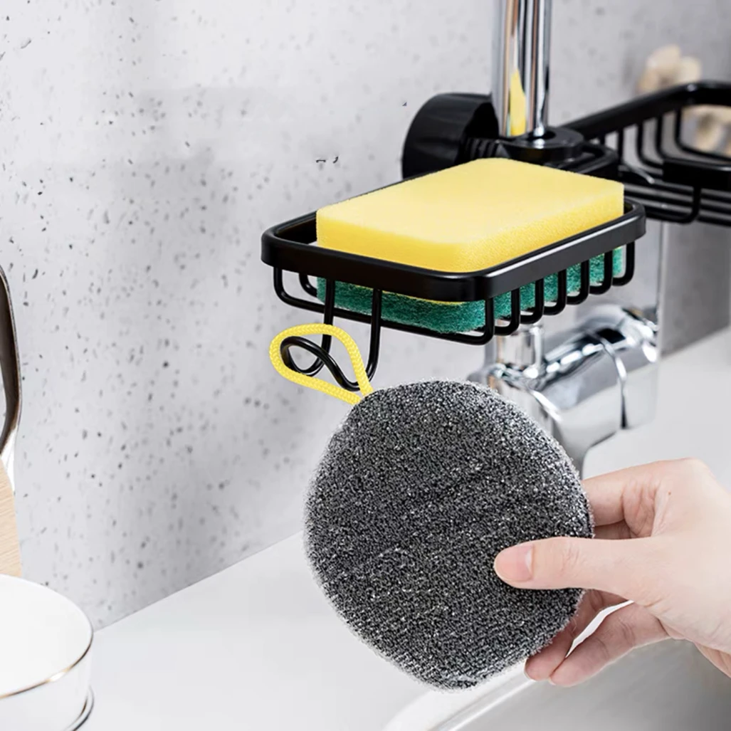 Bathroom Shower Holder Matte Black Household Aluminum Nail-Free Dishcloth Sponge Dual Drain Basket Kitchen Faucet Storage Rack