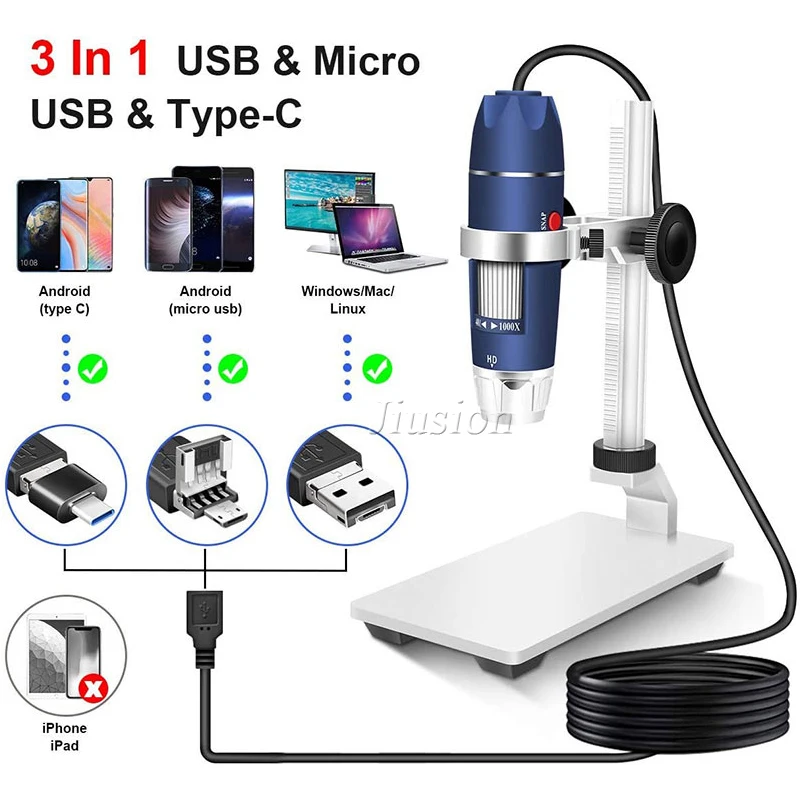 2K USB Digital Microscope 40X to 1000X Portable Magnifier Endoscope Camera 8 LEDs Aluminum Alloy Stand for OTG Android Mac Wins