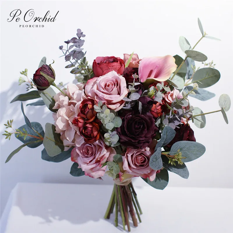 PEORCHID Romantic Pink&Burgundy Rose Wedding Bridal Bouquets artificial Calla Lily Eucalyptus Bouquet For Bridesmaid flowers