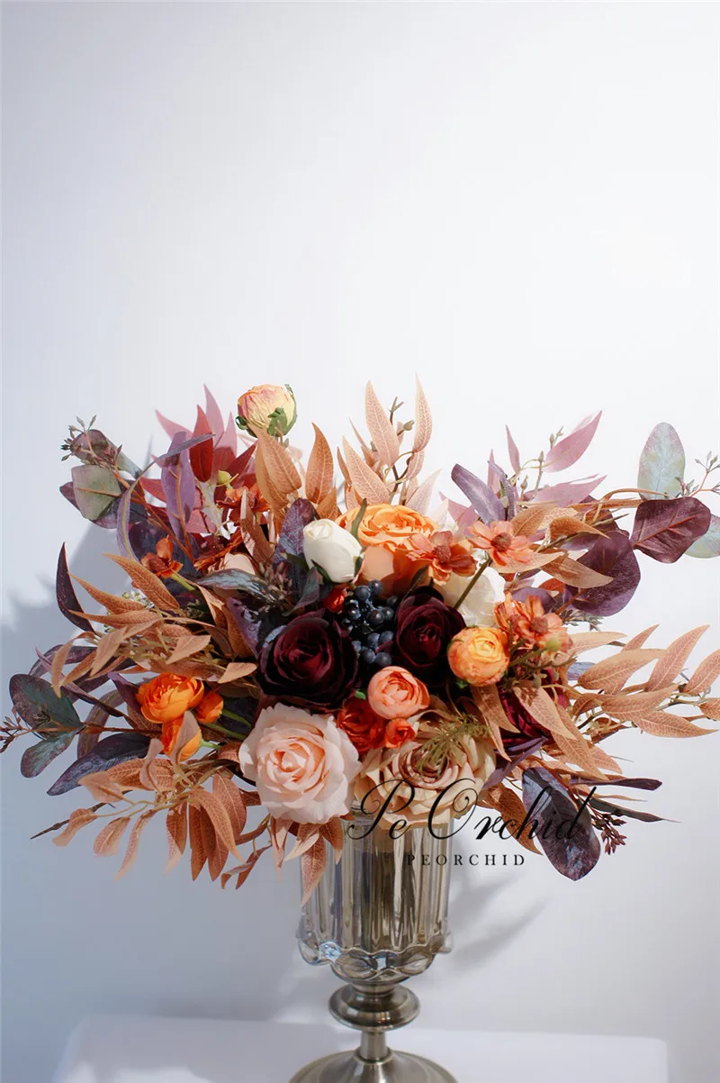 PEORCHID Autumn/Fall Coffee Color Big Wedding Bouquet Rose Mixed Fake Bouquet Artifical Bride Holding flowers Boque De Noiva