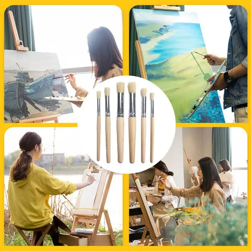 6pcs/set Watercolor Painting Stencil Brush Different Size Wooden Handle Kids Student Art Supplies