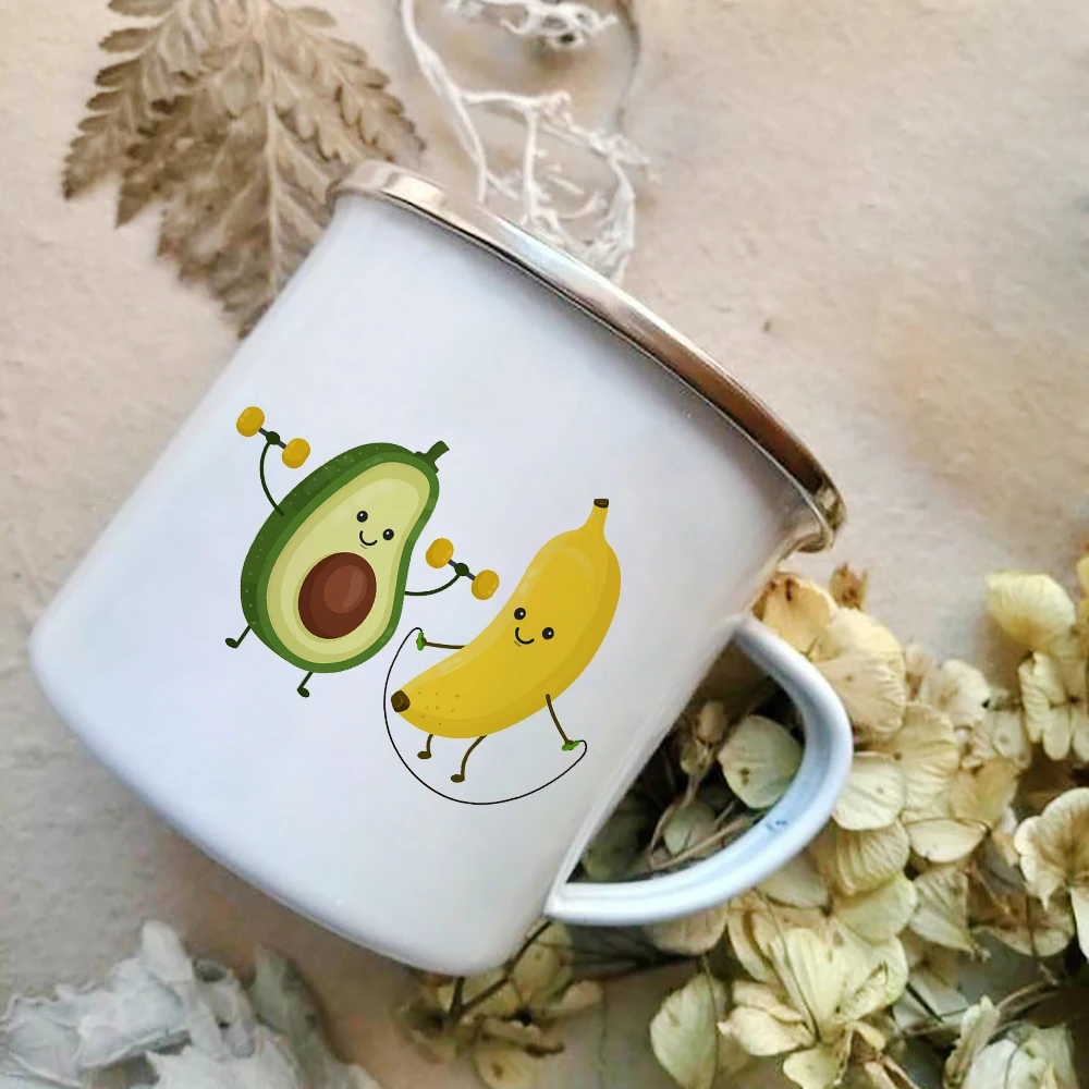 Cartoon Avocado Print Enamel Coffee Mugs Creative Simple Party Wine Beer Drink Juice Cola Cups With Handle Milk Mug Best Gifts