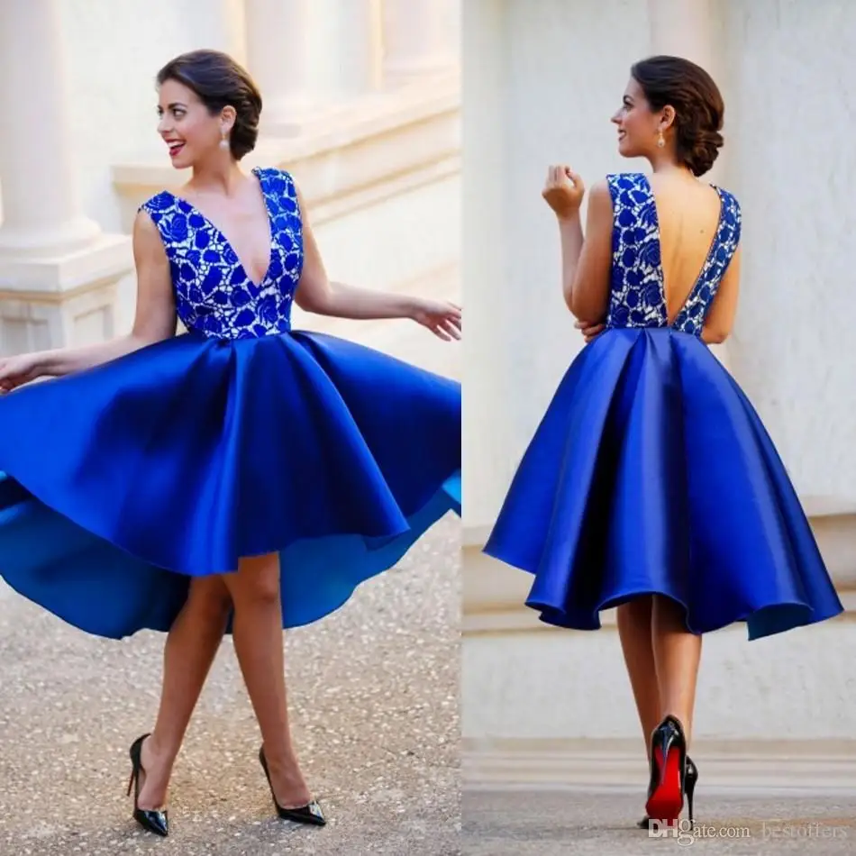 

New Royal Blue Plunging V neck Backless Short Prom Dresses Lace Satin Sexy Cocktail Homecoming Dresses Hi Lo Arabic Party Gowns