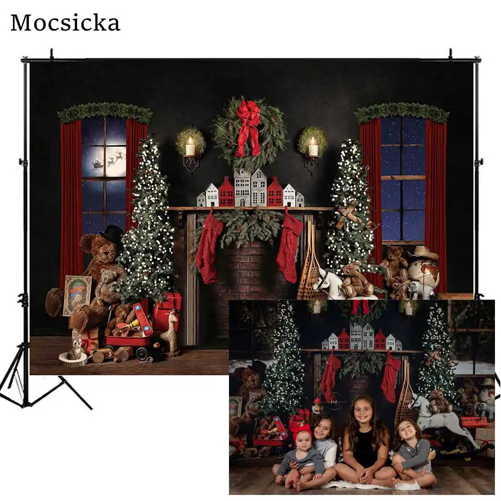 

Mocsicka Christmas Backdrop Baby Portrait Photography Props Child Birthday Fireplace Xmas Tree Window Photo Background Bear Toys