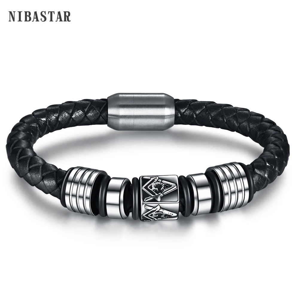 Men Jewelry Stainless Steel Black Leather Masonic Freemason Bracelet Braided Magnet Bangle