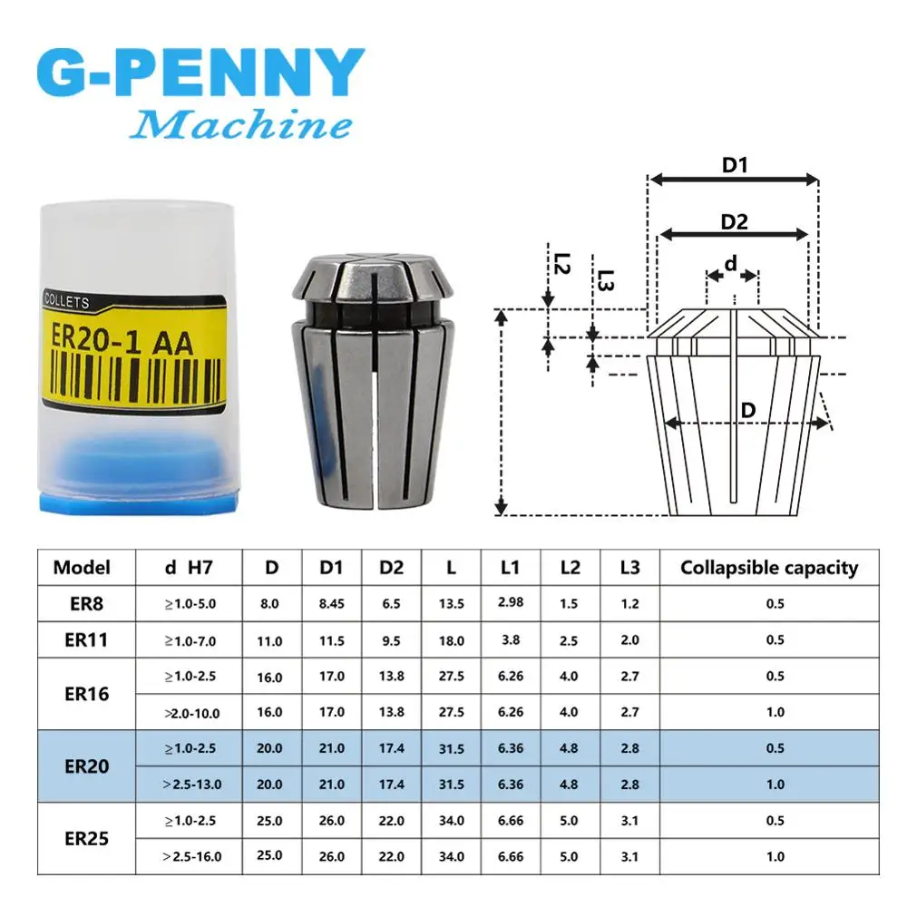 G-Penny ER20 Spring Collet Chuck 1-2-3-4-5-6-7-8-9-10-11-12-13-3.175-6.35-12.7mm 1/8 1/2 1/4 Milling Lathe Tool Spindle Motor