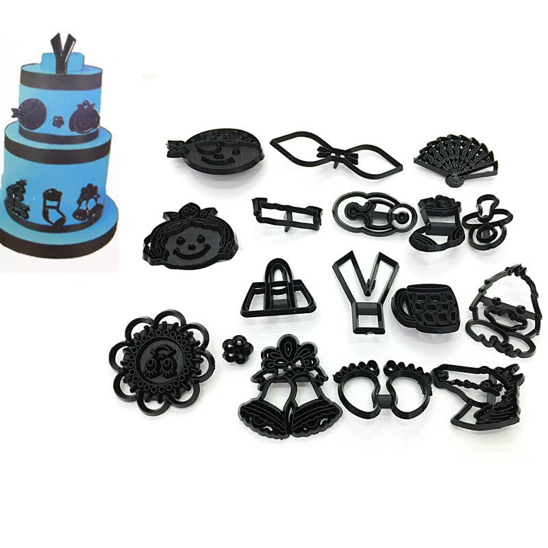 17Pcs Baby Black Silhouette Series Cake Moulds Fondant Biscuit Printing Embossed Mold Baking Surrounding Tools Cake Decor Tools