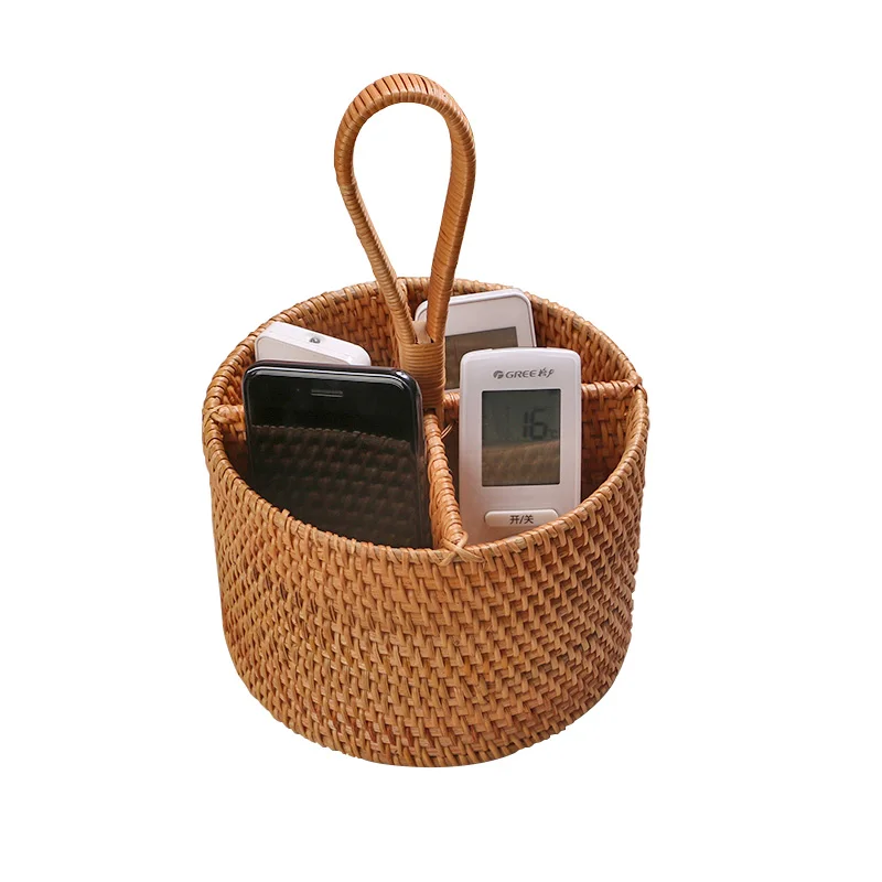 

zq Handmade Vine Woven Remote Control Sundries Storage Basket Storage Box Multi-Purpose round Bamboo Basket